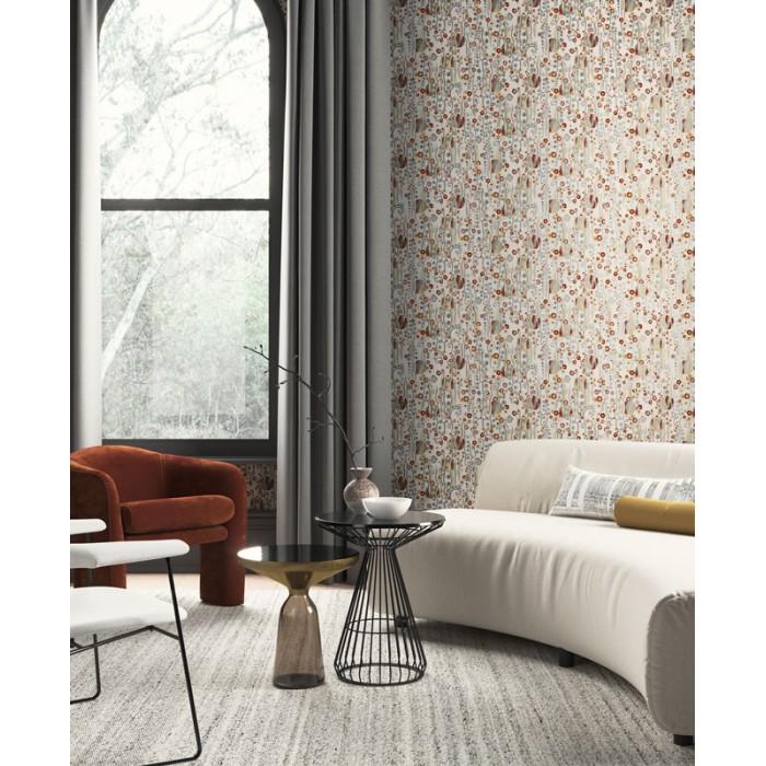 Khroma|Tapete mit abstrakten Blumen und Kreisen Rot auf Beige|Tapeten