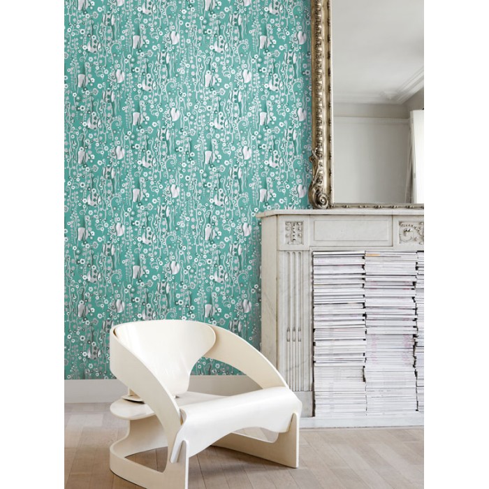 Khroma|Papel Pintado floral abstracto turquesa y plata con brillo|Papel Pintado