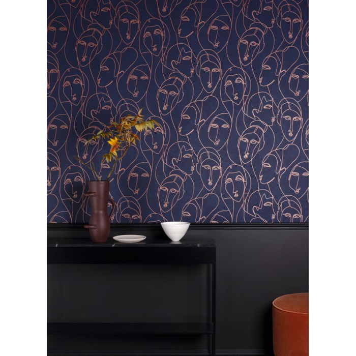 Papel Pintado rostros egipcios azul y bronce metalizado - Khroma Agathe AGA504