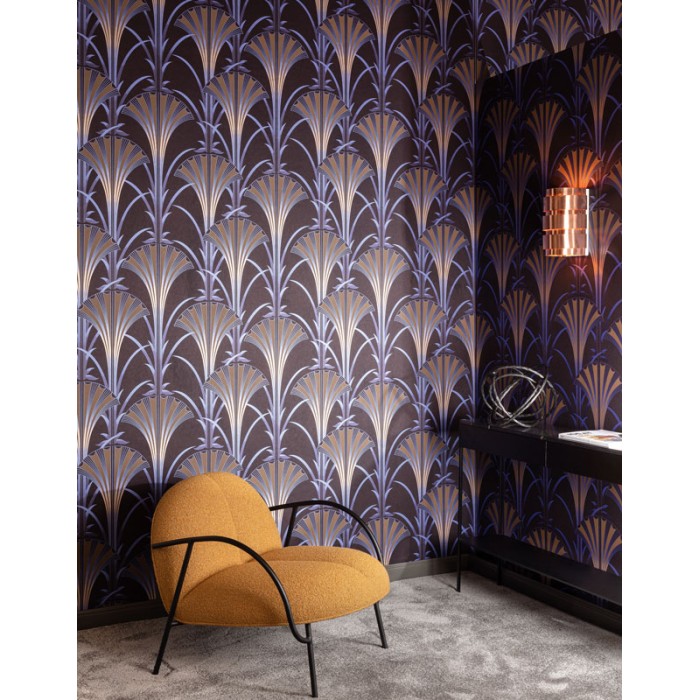 Papeldecor|Modern Art Deco wallpaper with golden and purple shine on a black background|Wallpaper