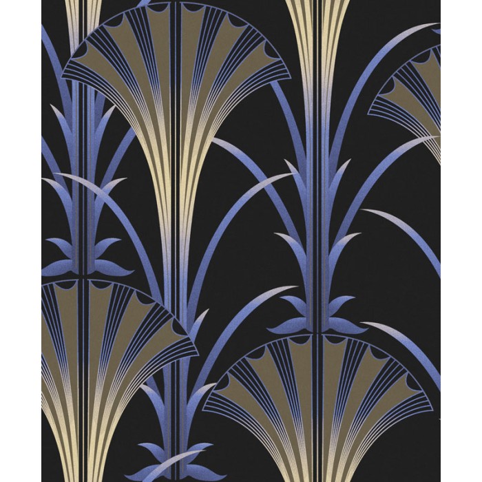 Papeldecor|Modernes Art Déco Tapete mit goldenem und violettem Glanz auf schwarzem Hintergrund|Tapeten