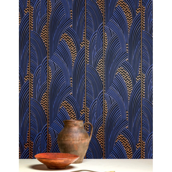Papeldecor|Tapete mit modernem Design, Bögen in Blau und Bronze metallic|Tapeten