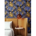 Papeldecor|Tapete Blau-Goldene Blumen glänzend auf Schwarz|Tapeten