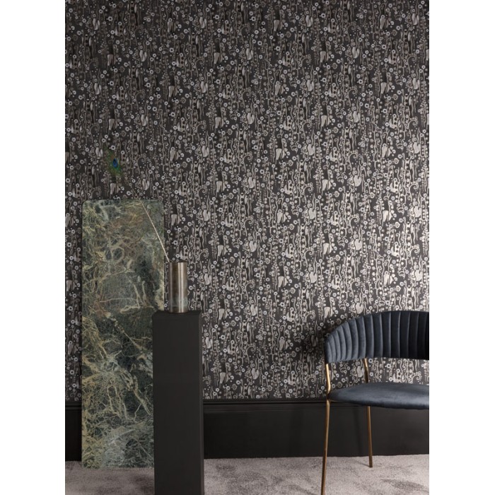 Papeldecor|Papel pintado flores y círculos con elementos metálicos gris y negro|Papel Pintado