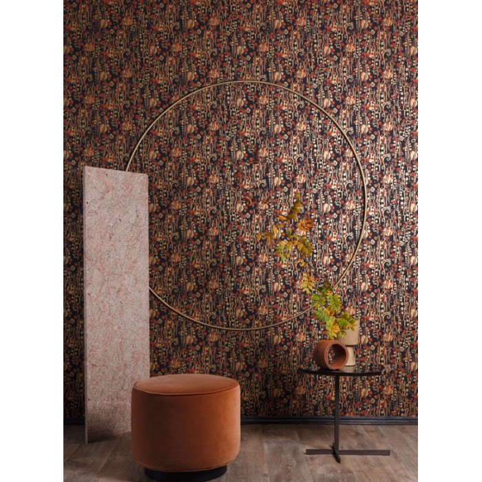 Papeldecor|Papier peint abstrait fleurs et cercles noir avec doré métallisé|Papier Peint