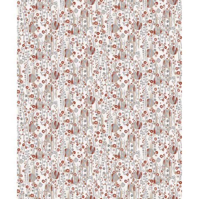 Papeldecor|Tapete bedruckt mit abstrakten roten Blumen- und Kreismustern auf beigem sandfarbenem Hintergrund|Tapeten