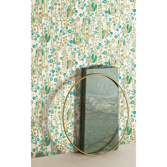 Papeldecor|Papel pintado floral moderno beige y verde con detalles metalizados|Papel Pintado