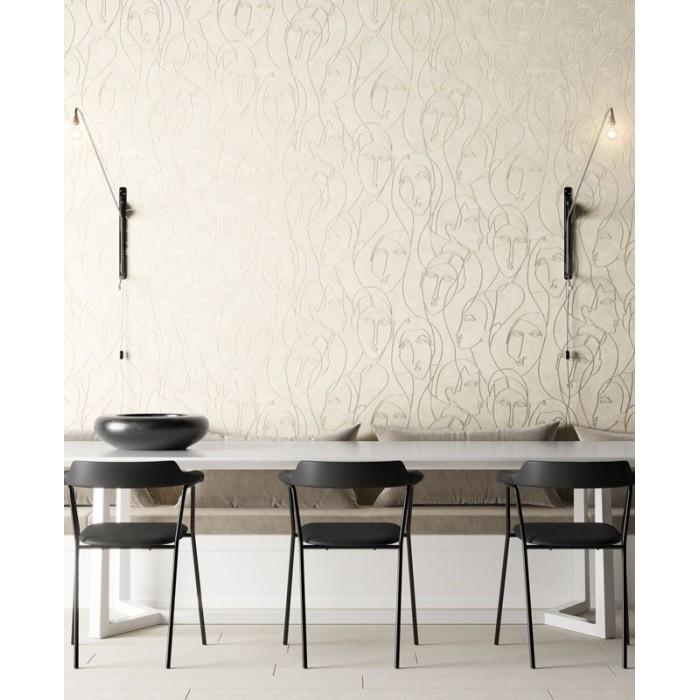 Papeldecor|Modernes Tapete mit ägyptischen Gesichtern in Beige, Grau und glänzendem Gold|Tapeten