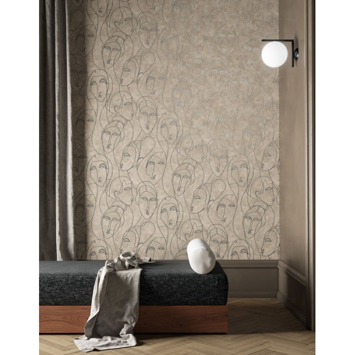 Papeldecor|Modernes Tapeten mit ägyptischen Gesichtern in Braun und glänzendem Silber|Tapeten