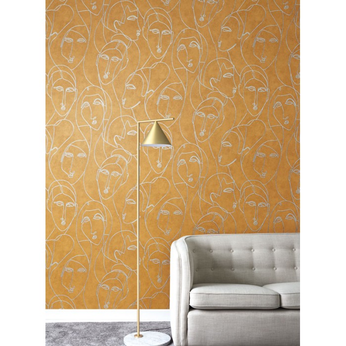 Papeldecor|Papel pintado diseño con caras egipcias color mostaza y plata metalizado|Papel Pintado