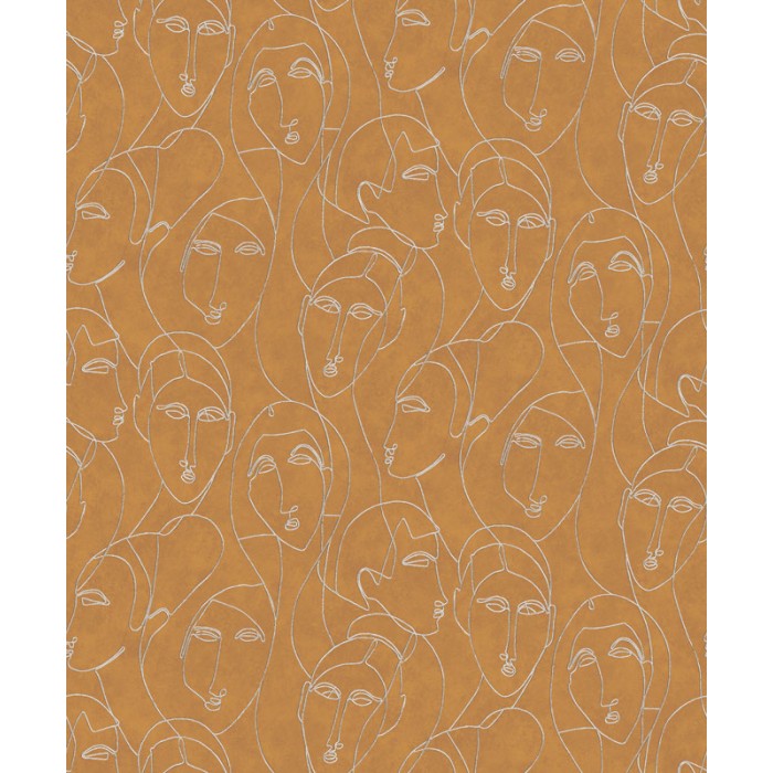 Papeldecor|Papel pintado diseño con caras egipcias color mostaza y plata metalizado|Papel Pintado