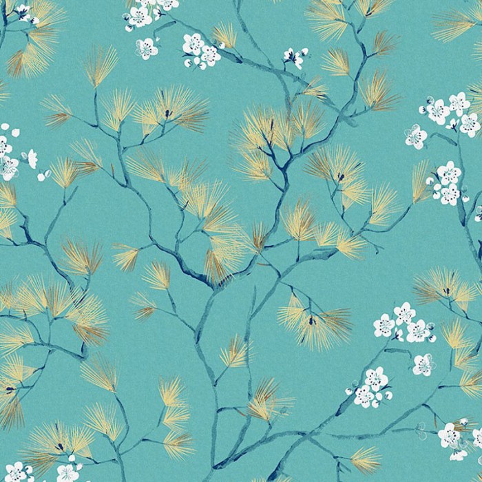 Khroma|Papel Pintado cerezo en flor verde y dorado estilo oriental|Papel Pintado