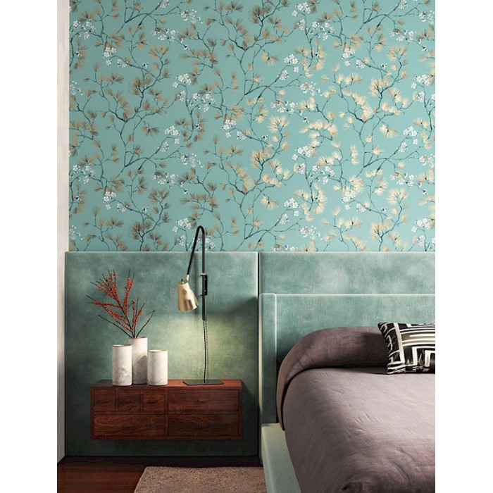 Khroma|Oriental Wallpaper with cherry blossoms in green and gold|Wallpaper