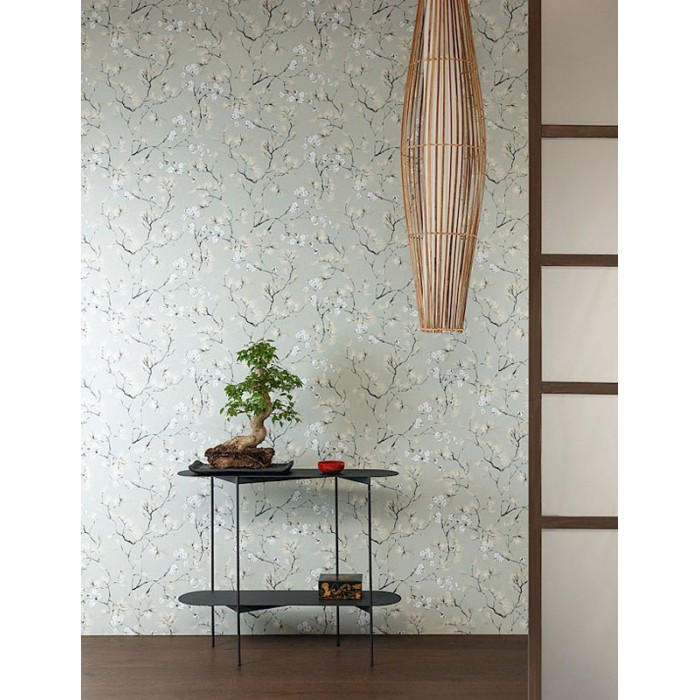 Papel Pintado cerezos japoneses verde claro estilo oriental - Khroma Kimono KIM108