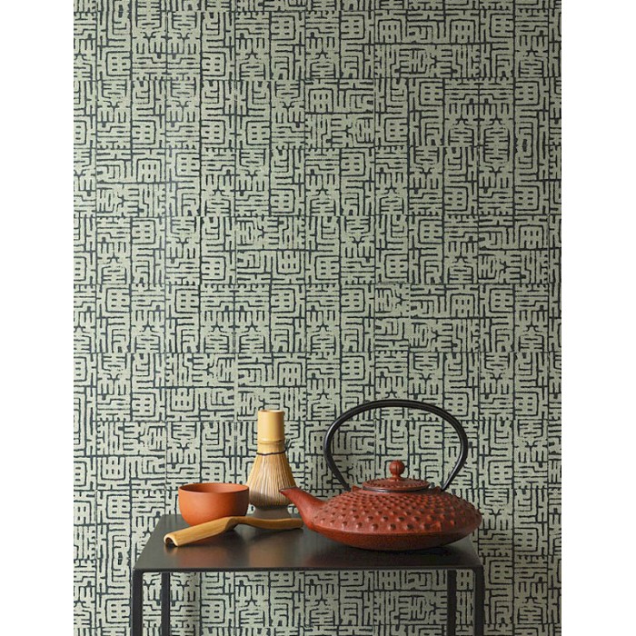 Papel Pintado japonés moderno laberinto verde - Khroma Kimono KIM605