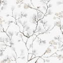 Papeldecor|Papel pintado flores de cerezo estilo oriental fondo blanco y plateado|Papel Pintado