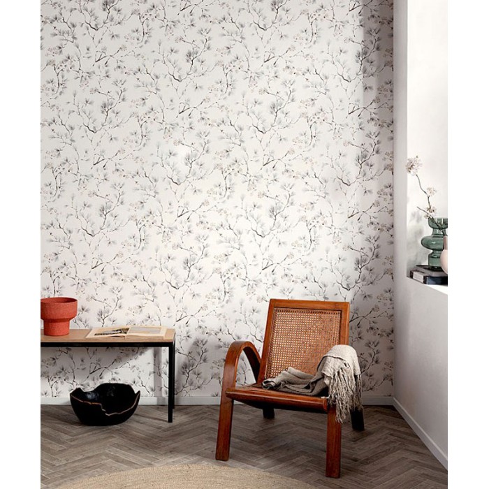 Papeldecor|Cherry blossom floral wallpaper in oriental style with white and silver background|Wallpaper
