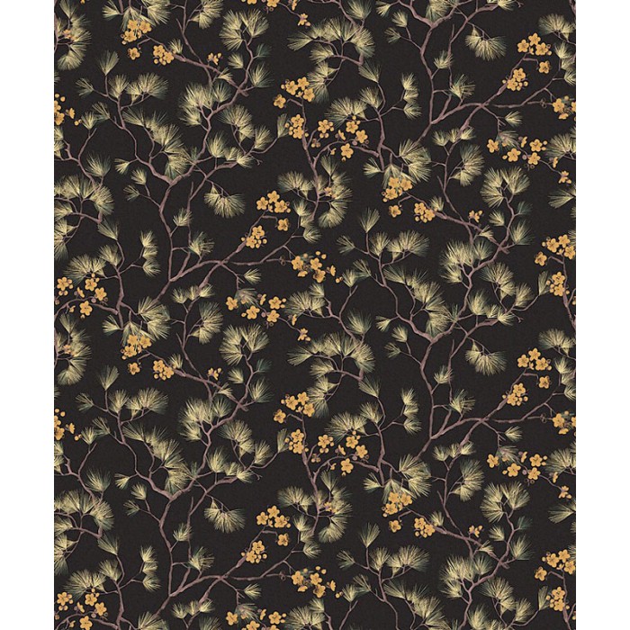 Papeldecor|Japanese-style black and green cherry blossom wallpaper|Wallpaper