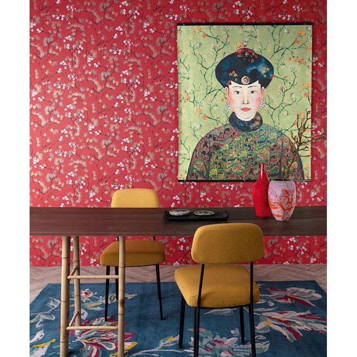 Papeldecor|Papel pintado estilo japonés con cerezo en flor rojo blanco y dorado|Papel Pintado