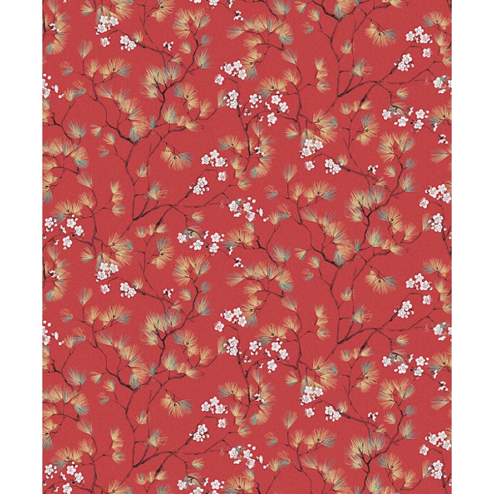 Papeldecor|Papel pintado estilo japonés con cerezo en flor rojo blanco y dorado|Papel Pintado