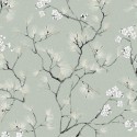 Papeldecor|Papel pintado floral estilo oriental con cerezos japoneses verde claro|Papel Pintado