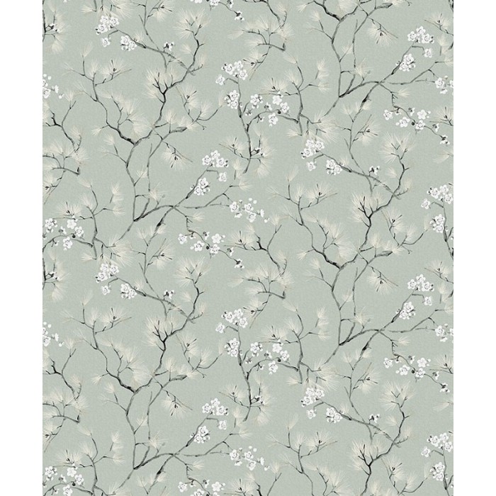 Papeldecor|Floral oriental style wallpaper with light green Japanese cherry blossoms|Wallpaper