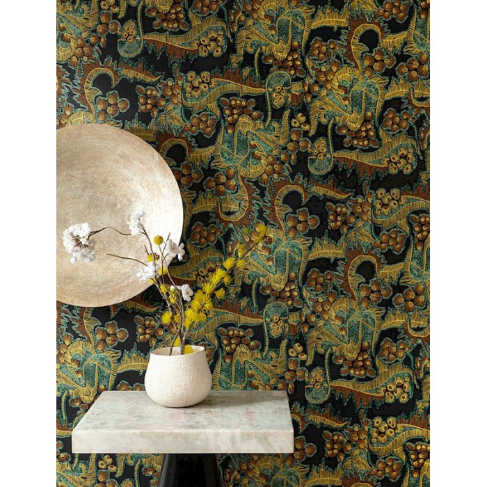 Papeldecor|Papier peint jardin japonais vert avec fond noir|Papier Peint