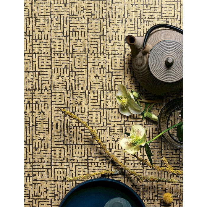 Papeldecor|Papel pintado estilo oriental con forma de laberinto amarillo ocre Detalles purpurina brillante|Papel Pintado