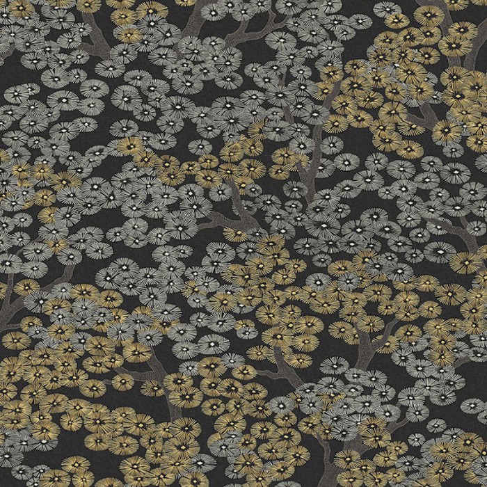 Papeldecor|Papel pintado flores pequeñas japonesas negro y dorado|Papel Pintado