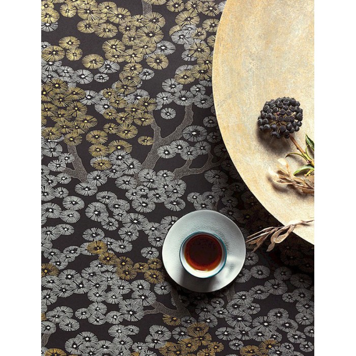 Papeldecor|Papel pintado flores pequeñas japonesas negro y dorado|Papel Pintado