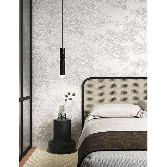 Papel pintado árbol japonés con pequeñas flores plateado -  222-2048