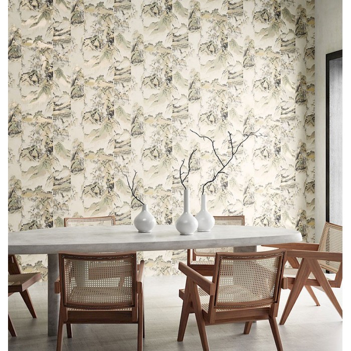 Papeldecor|Oriental landscape wallpaper with Japanese mountains in mustard color|Wallpaper