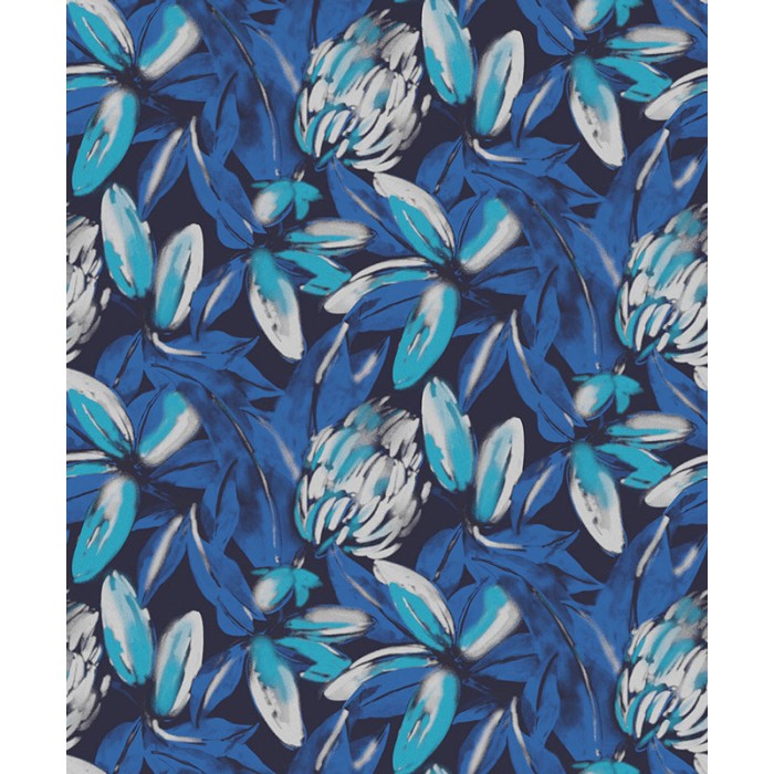 Khroma|Tropische Früchte-Tapete Aquarell-Blau mit metallischen Details|Tapeten