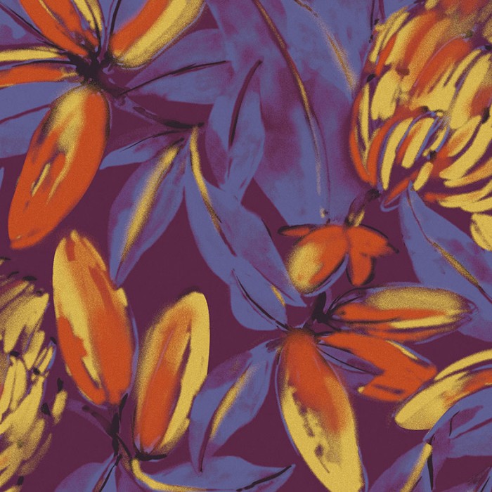 Khroma|Papel Pintado frutas tropicales morado y dorado metalizado|Papel Pintado