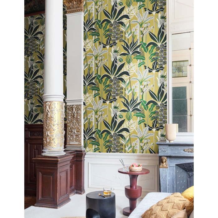 Papeldecor|Cheerful wallpaper with a lush tropical print on a yellow background|Wallpaper