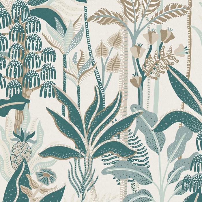 Papeldecor|Papel pintado estampado tropical fresco con palmeras verdes y fondo blanco|Papel Pintado