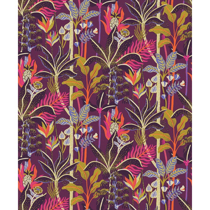 Papeldecor|Tropical palm trees wallpaper with purple plant tones|Wallpaper