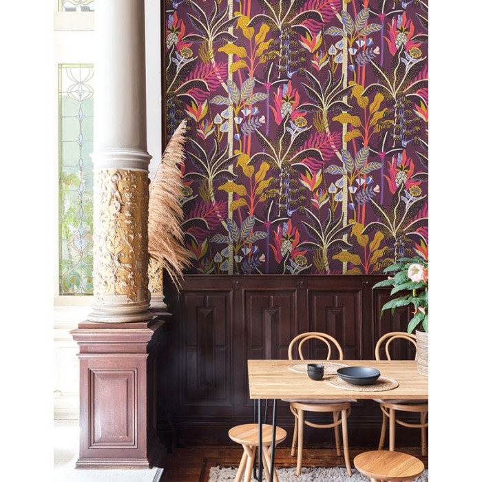 Papeldecor|Papier peint aux motifs de palmiers tropicaux avec des plantes aux tons violets|Papier Peint