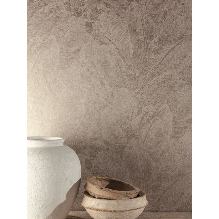 Papeldecor|Modern wallpaper online with beige silver tropical leaf pattern and a subtle shine|Wallpaper