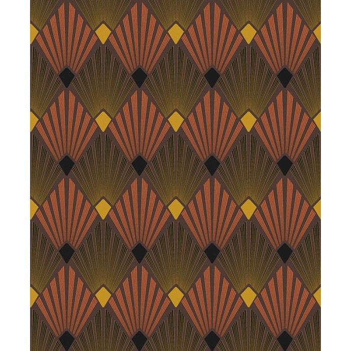 Papeldecor|Original Art Deco Fächer Tapete mit braunem Hintergrund und metallischen Details|Tapeten