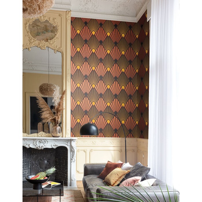 Papeldecor|Papier peint péventails originaux de style Art Déco avec un fond marron et des détails métallisés|Papier Peint