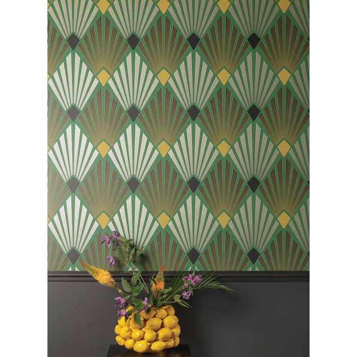 Papeldecor|Modernes Art-Deco-Tapetenmuster in Grün und Silber Metallic|Tapeten
