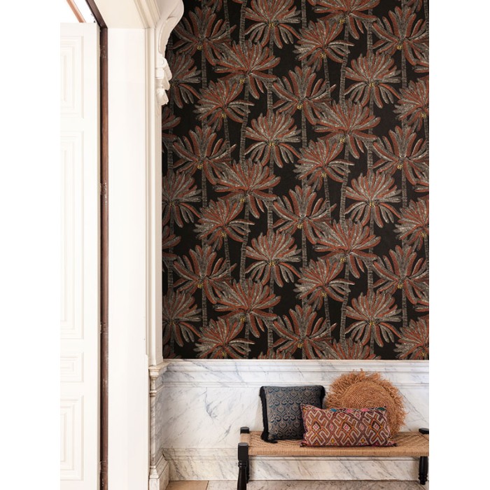 Papeldecor|Papier peint palmiers des Caraïbes doré et fond noir|Papier Peint