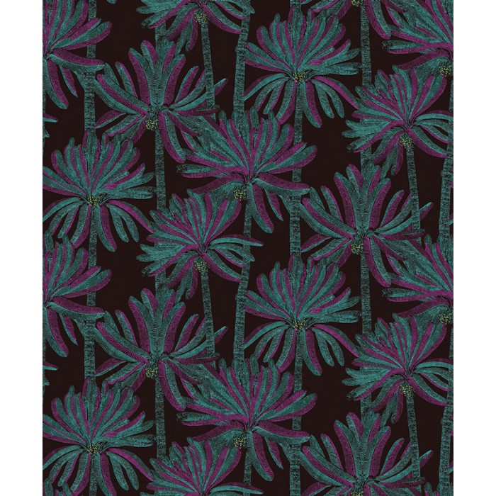 Papeldecor|Classic Caribbean palm wallpaper in green and purple on black|Wallpaper