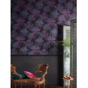 Papeldecor|Classic Caribbean palm wallpaper in green and purple on black|Wallpaper