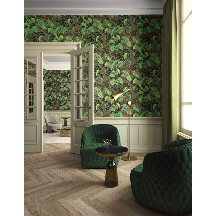 Papeldecor|Papel pintado exuberantes flores y frutas exóticas verde y marrón|Papel Pintado