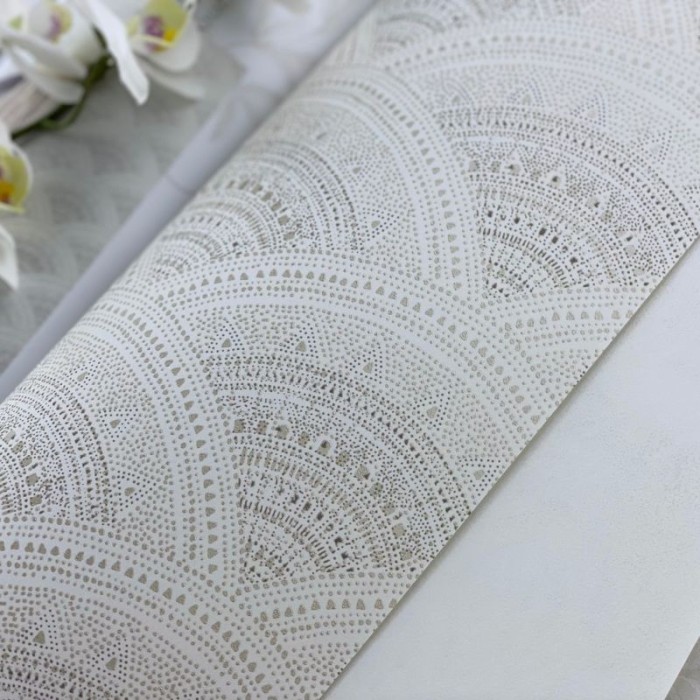 Khroma|White fan Wallpaper with champagne brocade metallic effect|Wallpaper