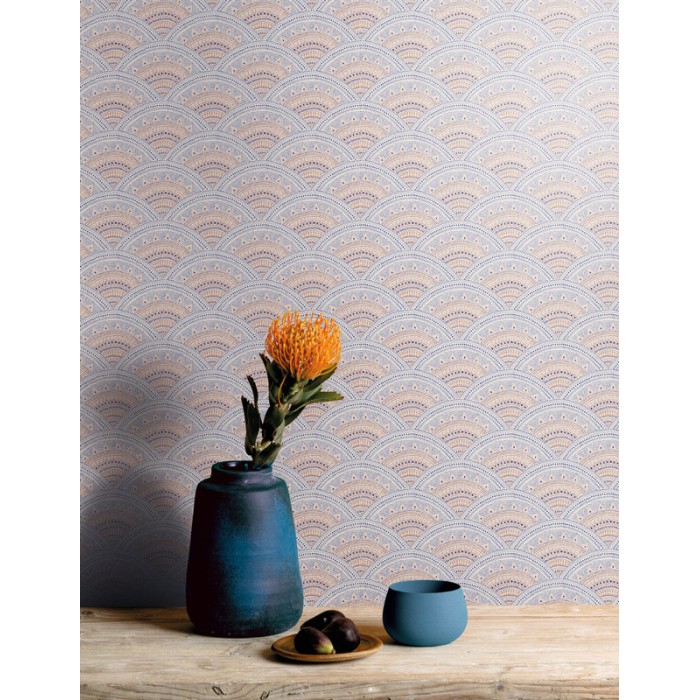 Khroma|Papel Pintado abanicos brocado arabesco azul y blanco|Papel Pintado