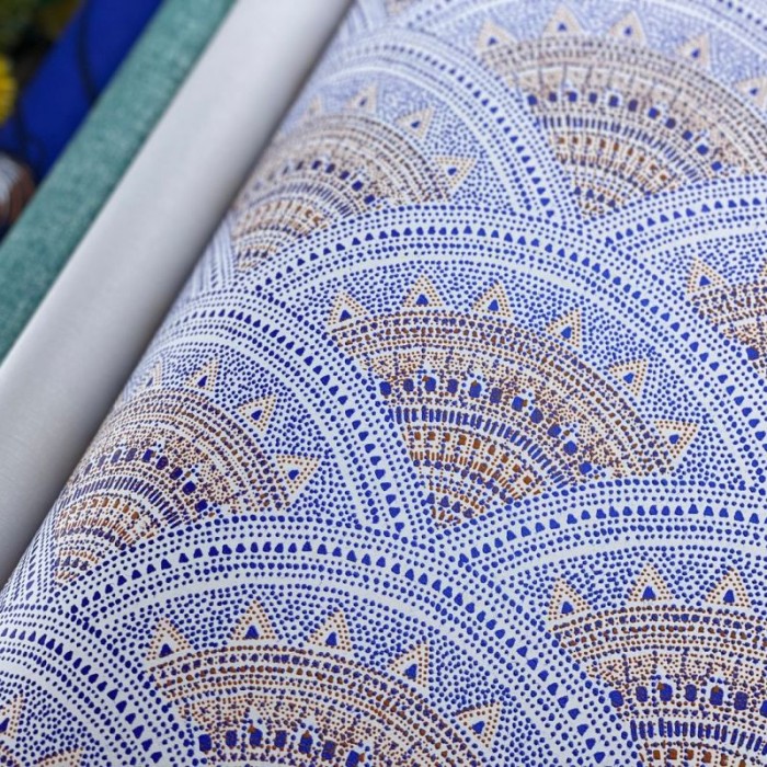 Khroma|Wallpaper with arabesque brocade fans in blue and white|Wallpaper