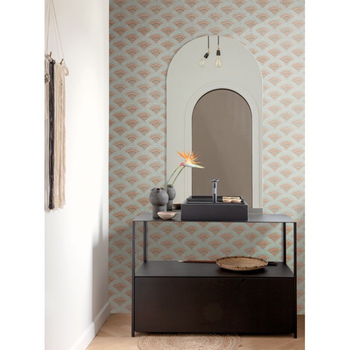 Khroma|Arabesque brocade Wallpaper with fans in blue and copper|Wallpaper